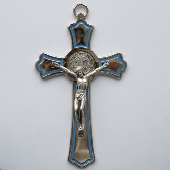 Krzyż wiszący - 20cm /srebrny (J-Św. B. niebieski)