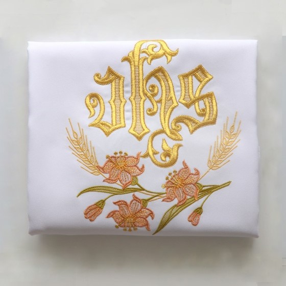 Welon haftowany - IHS + róże (K-513) /biały