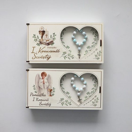 Pudełko komunijne (KW) z różańcem /niebieskie