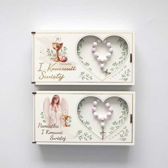 Pudełko komunijne (KW) z różańcem /różowe