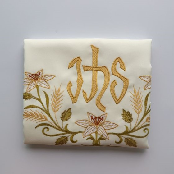 Welon haftowany - IHS + kwiaty (K-525) ecru